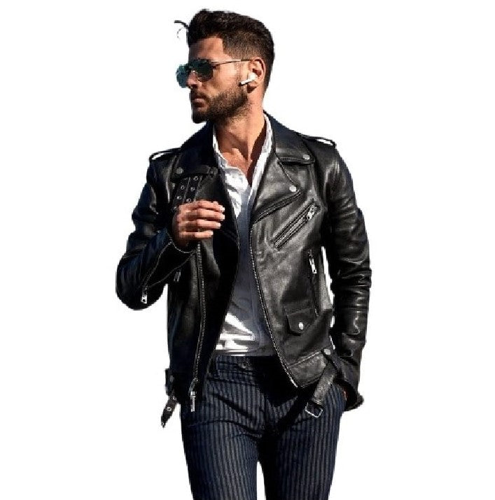 Autumn New Fashion Men's Motorcycle Leather Coat Multi Zipper Leather Jacket Coat Large Leather Coat