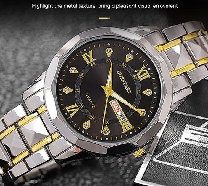 leisure double calendar men's watch waterproof luminous rivets quartz steel belt watch men's watch