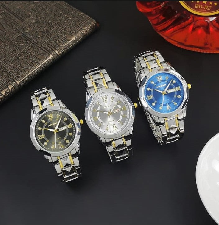 leisure double calendar men's watch waterproof luminous rivets quartz steel belt watch men's watch